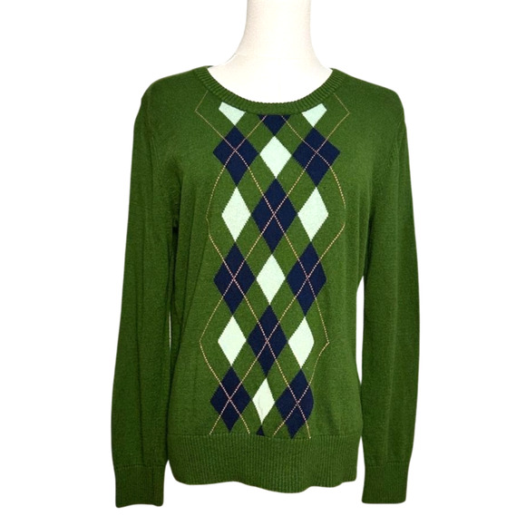Merona Green Navy Pink Argyle Cotton Blend Crew Neck Sweater Large Preppy - Picture 1 of 6